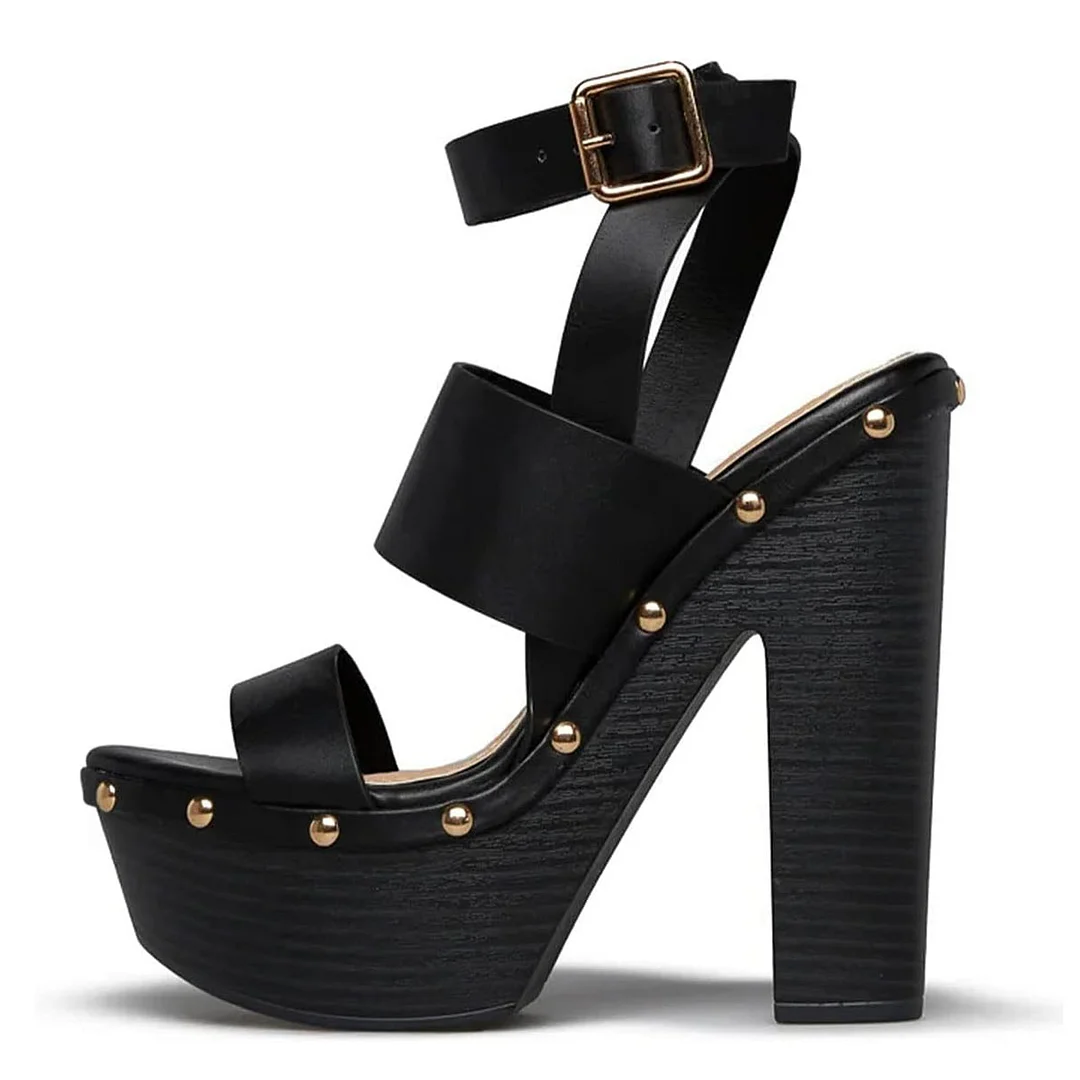 Open-Toe Ankle Strap Chunky Heel Studded Black Platform Sandals