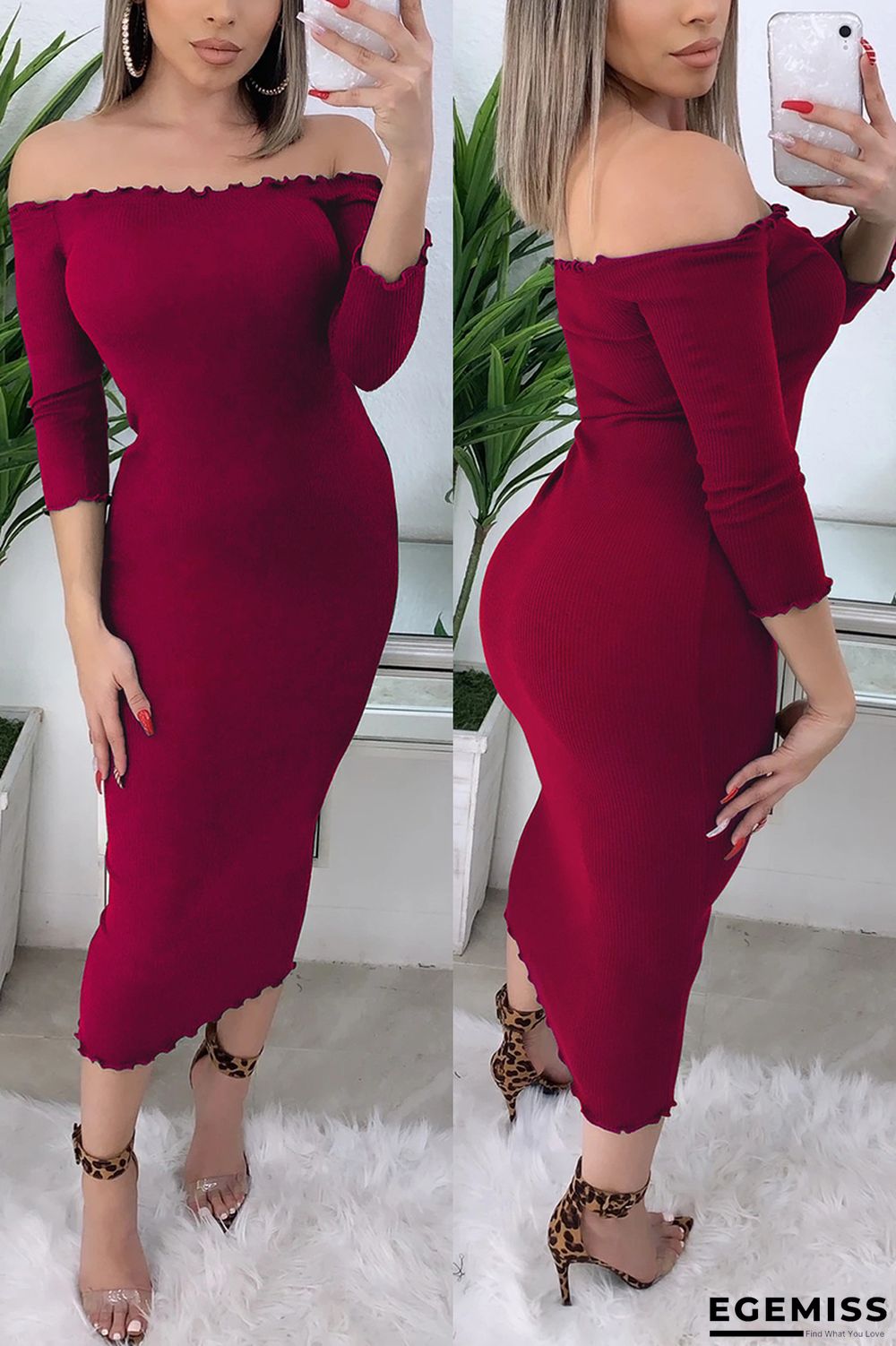 Wine Red Fashion Sexy Off The Shoulder Half Sleeve Bateau Neck Pencil Skirt Mid Calf Solid Dresses | EGEMISS
