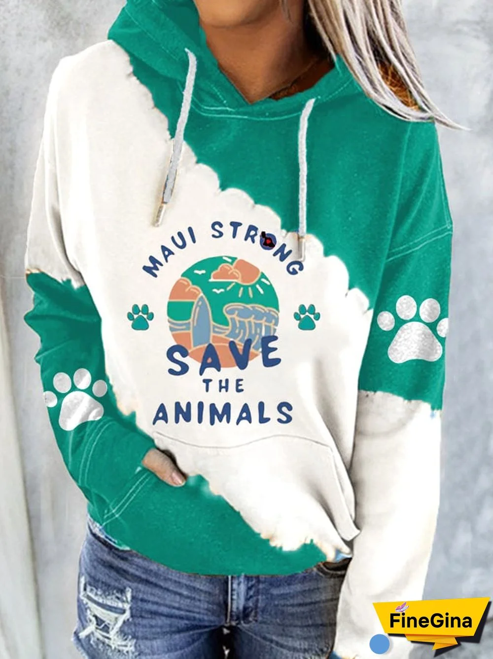 Women's Maui Strong Save The Animals Print Pocket Casual Hoodie
