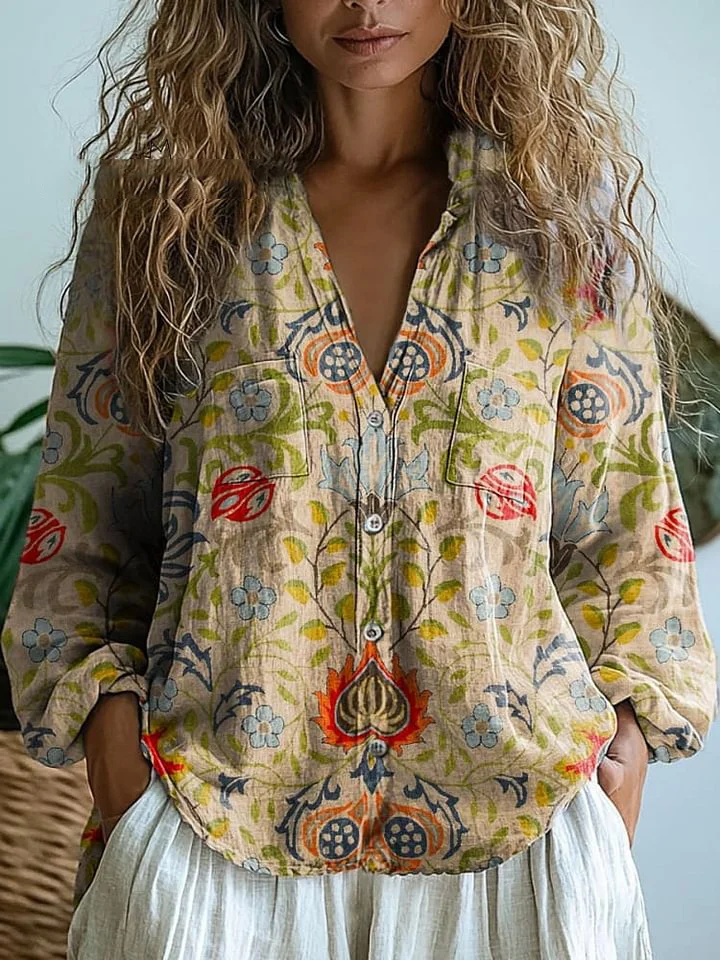 Women's Vintage Lovely Floral Art Print Casual Long Sleeve Comfortable Cotton Shirt