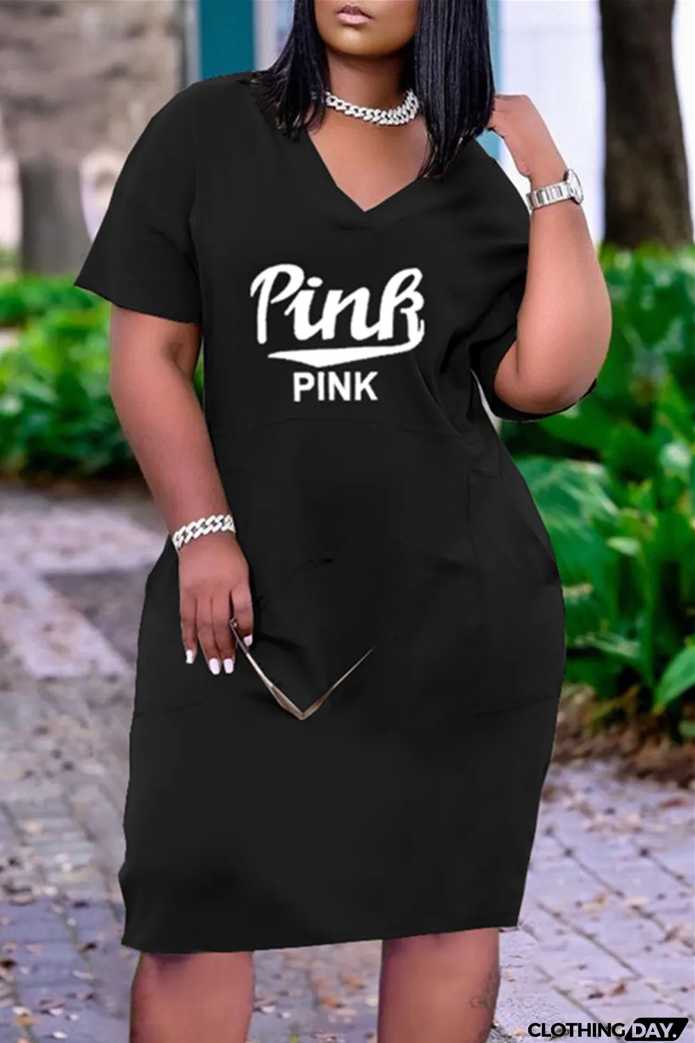 Red Fashion Casual Letter Print Basic V Neck Short Sleeve Dress Dresses