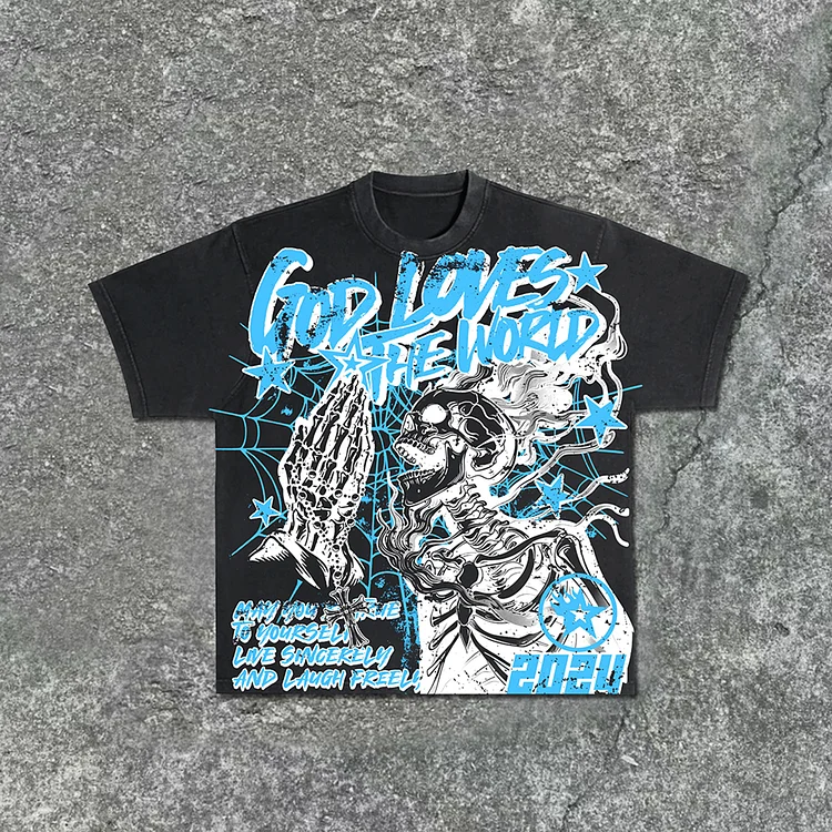 Men's Street God Loves The World Graphics Acid Washed T-Shirt
