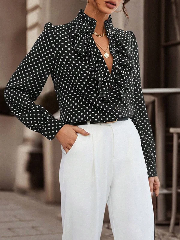 Split-Joint Polka-Dot Pleated Floral Puff Sleeves Loose Stand Collar Blouses