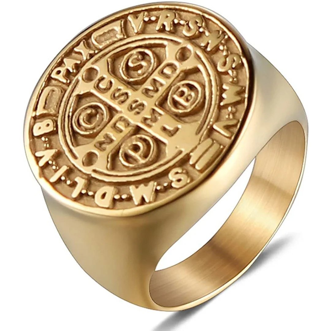 JAJAFOOK Men Gold Plated Stainless Steel Catholic St Benedict Exorcism Signet Ring Cross Band