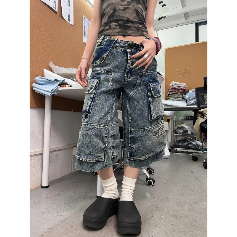Collectvip Heavy Industry High Street Straight Loose Wide Leg Knee Length Jeans Trendy American Oversized Big Pocket Workwear Cropped Pants
