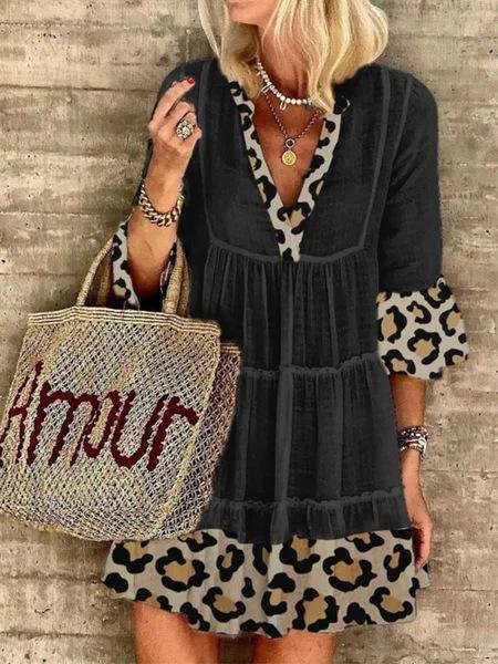 Fashion Leopard Stitching Cotton And Linen Dress-Mayoulove