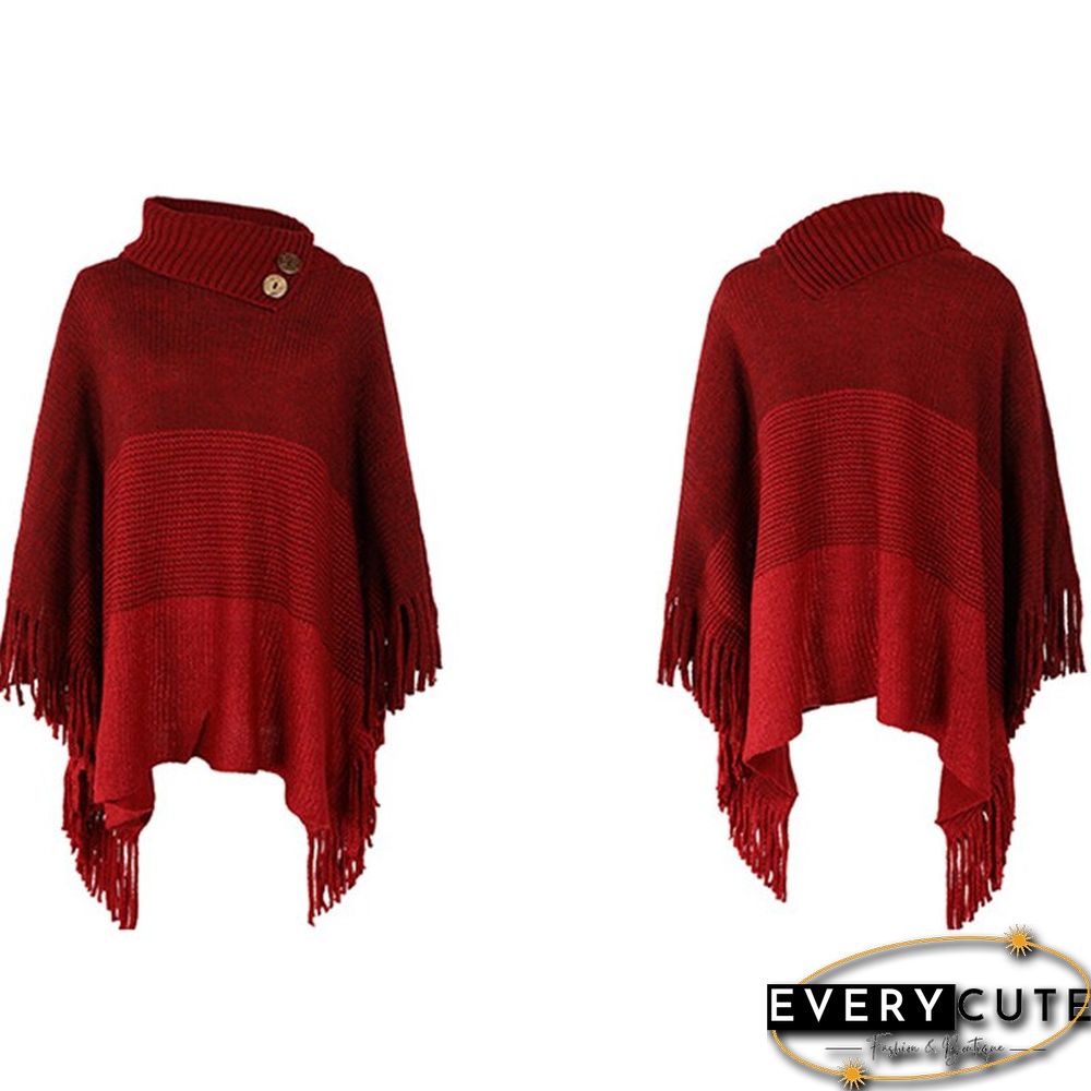 Women's Tassel Design Casual Shawl Cloak Coat Color Block Hooded Knitted Cloak And Shawl Top