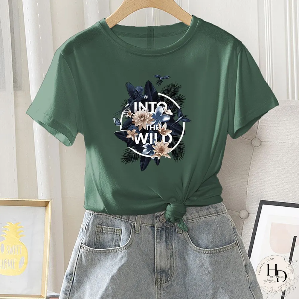 Womens Fashion Short Sleeve Summer Casual Regular T-Shirt Letter Flower Print Ladies