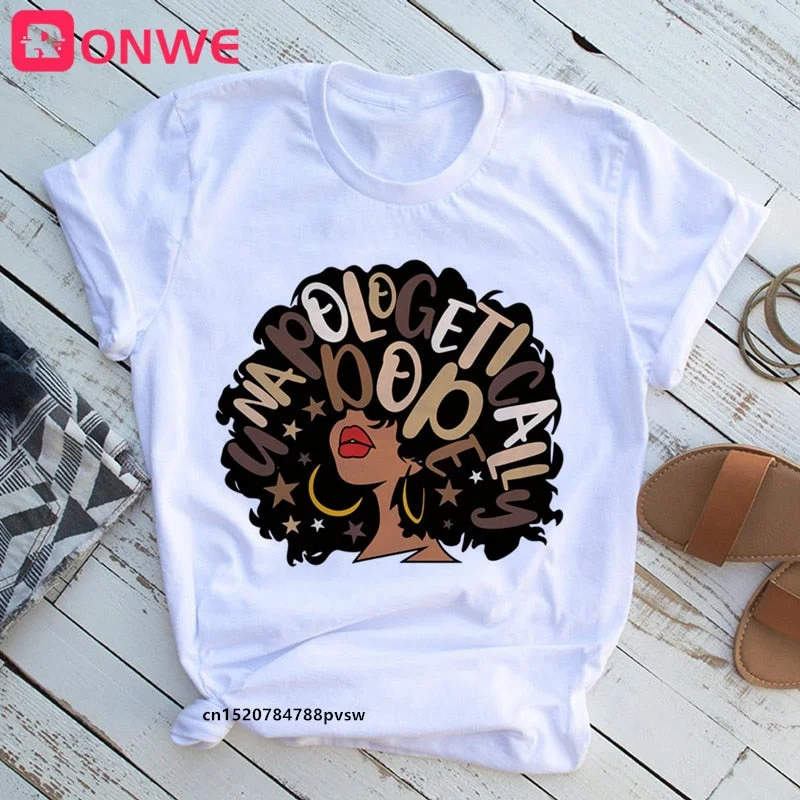 Women Beautiful African White Funny Print T shirt Girl Black Queen Lip Harajuku 90s Clothes,Drop Ship