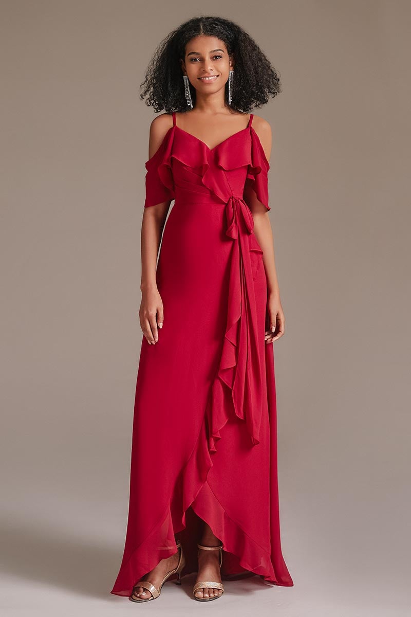 Oknass Chic Spaghetti Strap V Neck Chiffon Red Long Bridesmaid Dress With Ruffles