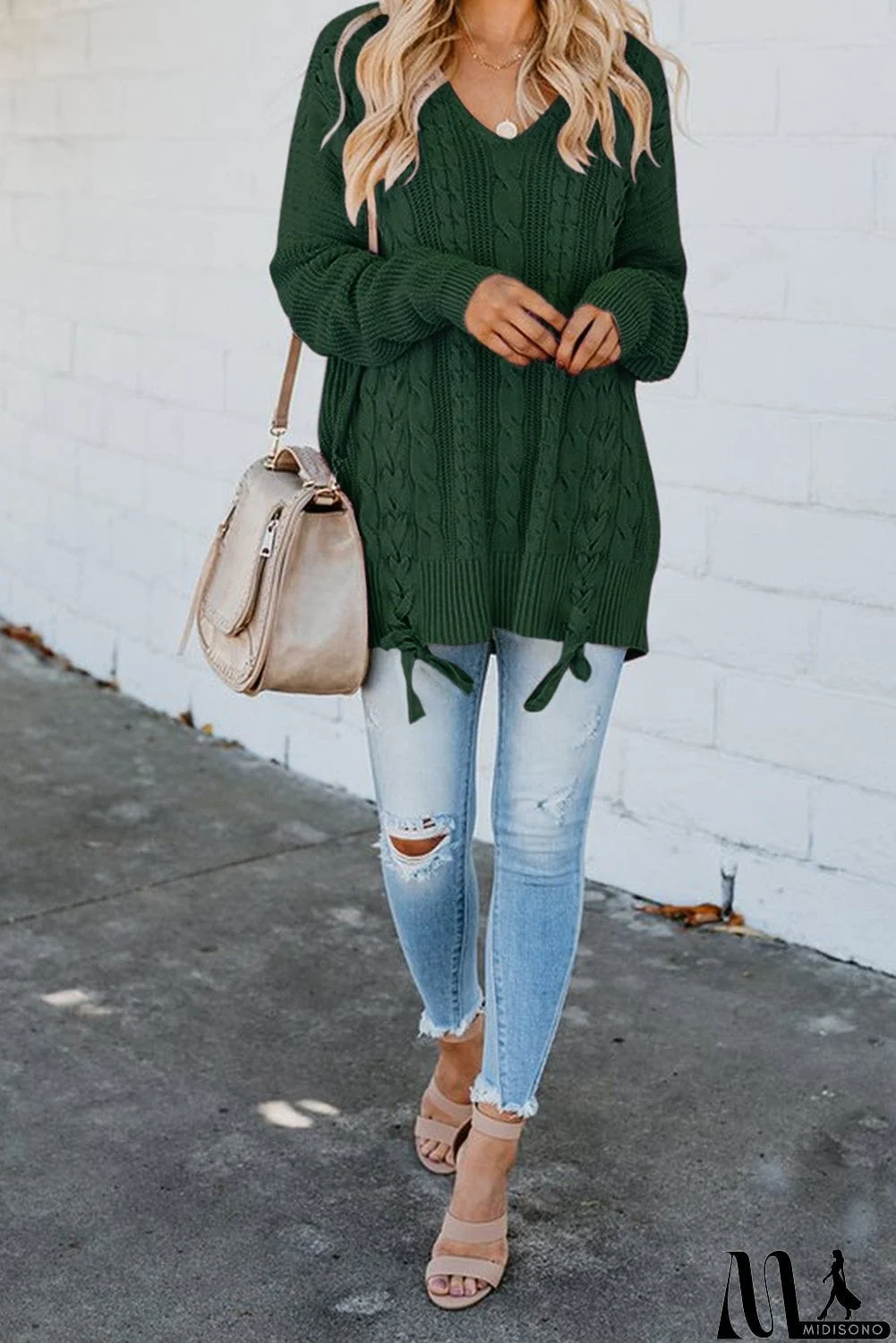 MidiSono - Love Letters Cable Knit Lace Up Sweater