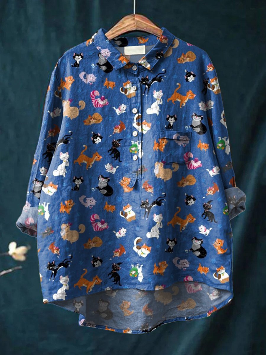 Women's Cute Cartoon Critters Print Casual Cotton And Linen Shirt