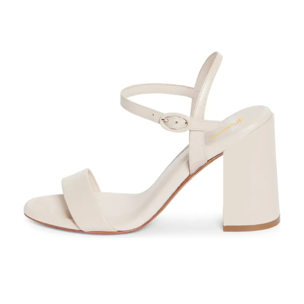 Open Round Toe Ankle Strap Buckle Block Heel Sandals in Ivory Nicepairs