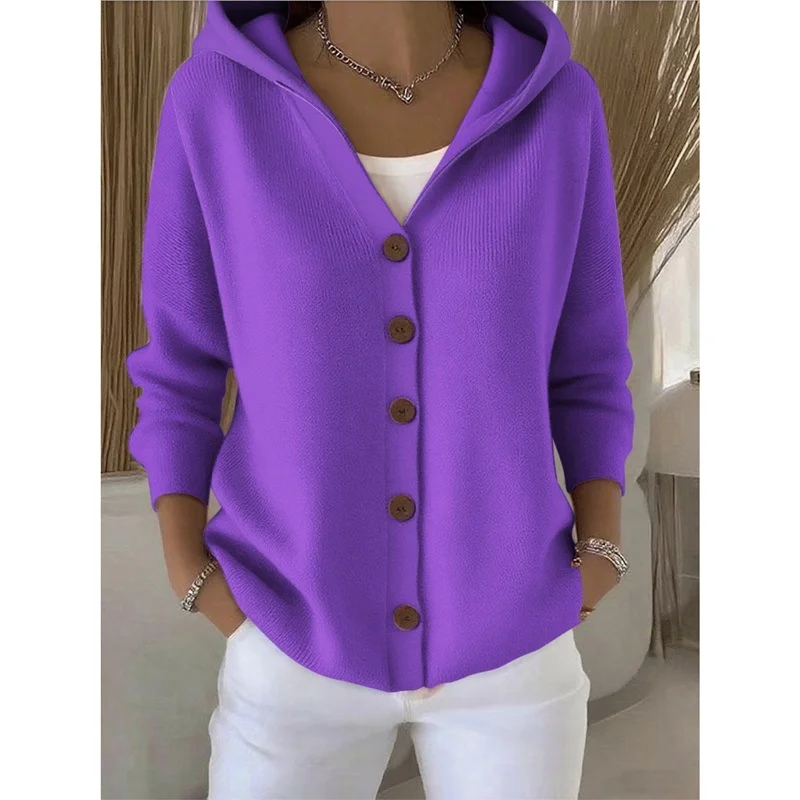 Athvotar Athvotar Knitted Hooded Sweater Button Open Shirt Jacket Autumn And Winter New Solid Color Casual Fashion Sweater