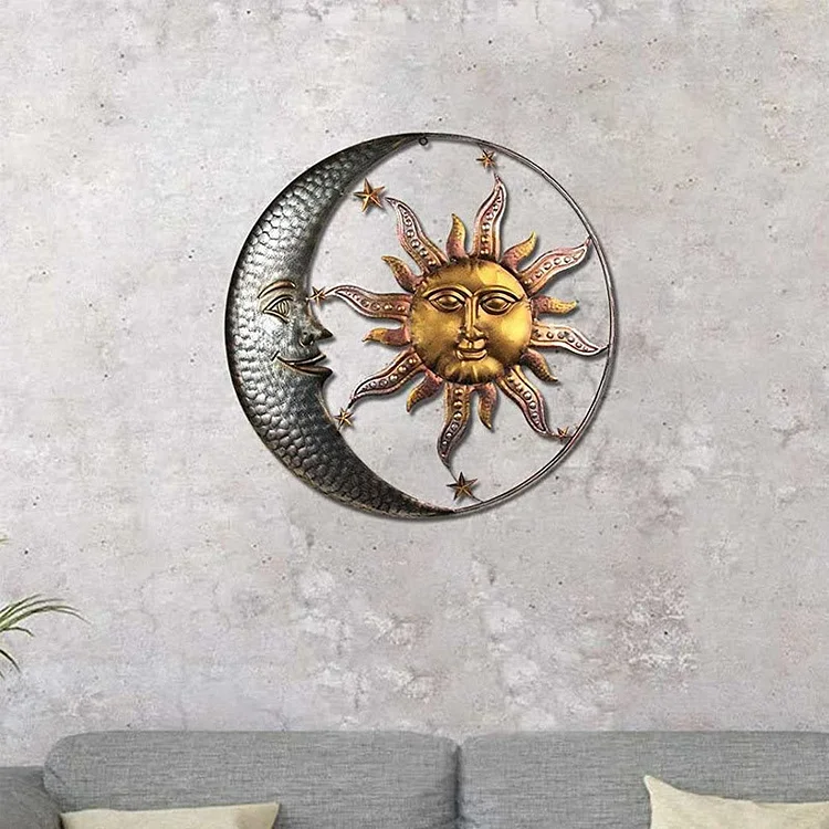 Olivenorma Gray Moon Gold Sun Face Metal Wall Decor