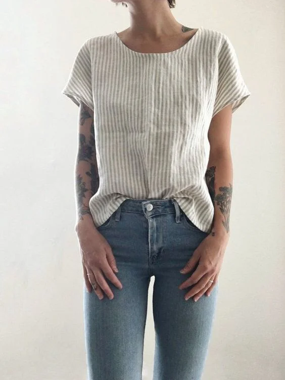 Short-sleeved cotton and linen multi-layer collar T-shirt