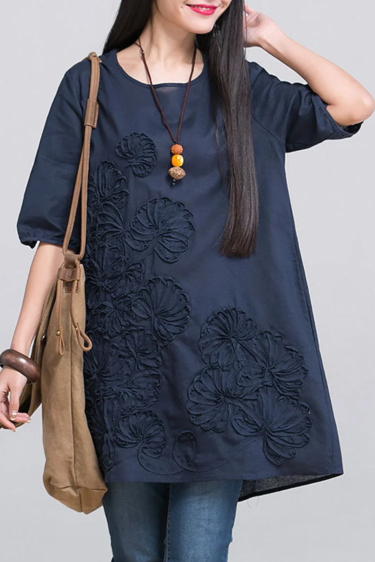 Floral Embroidery Half Sleeve Linen Loose Long Shirt
