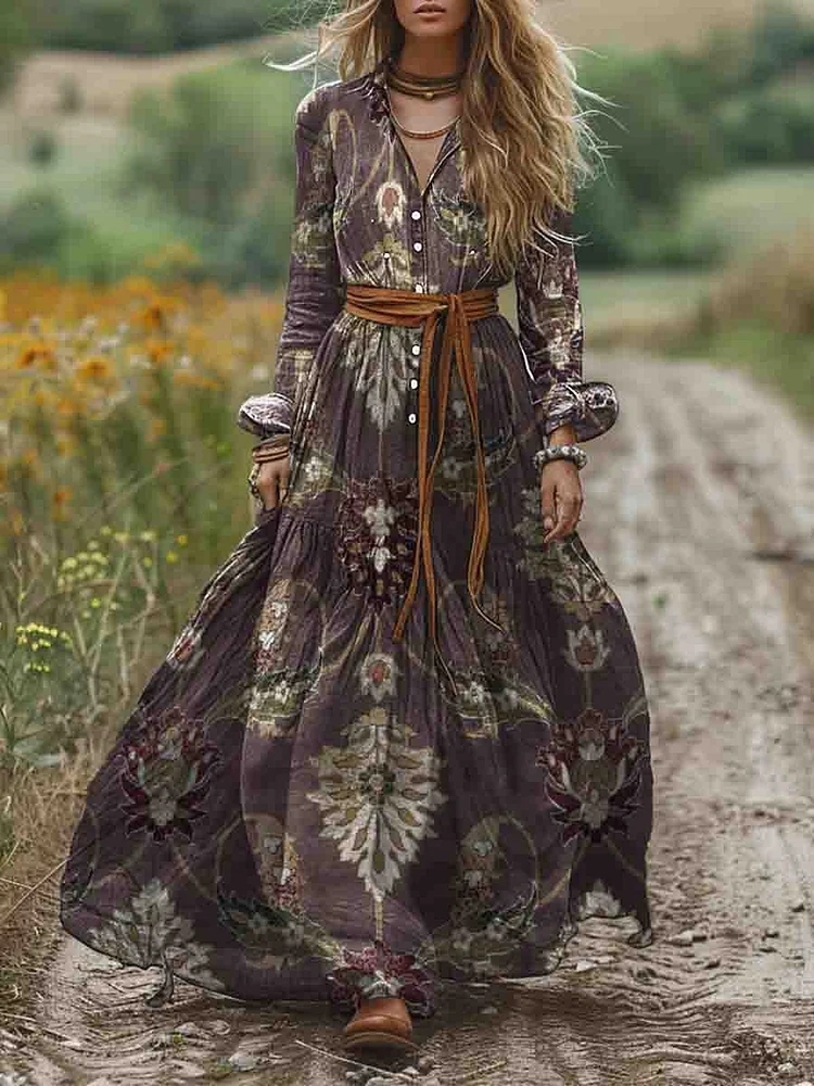 Women's Shirt Collar Long Sleeve Printed Pocket Cotton A-Line Dress