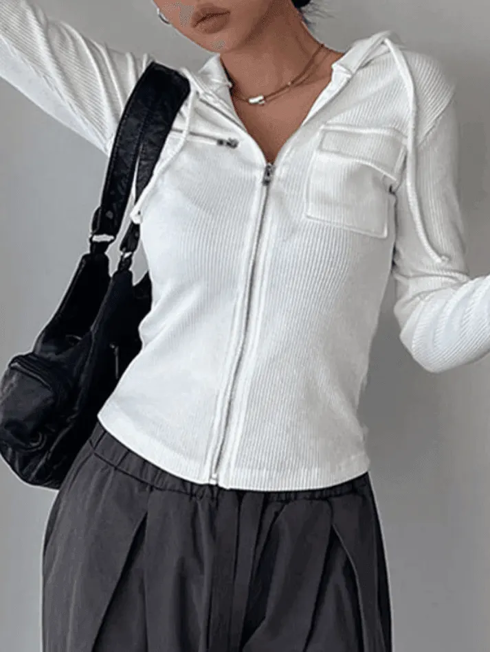 Brownm White Zip-Up Hooded Cropped Knit Top