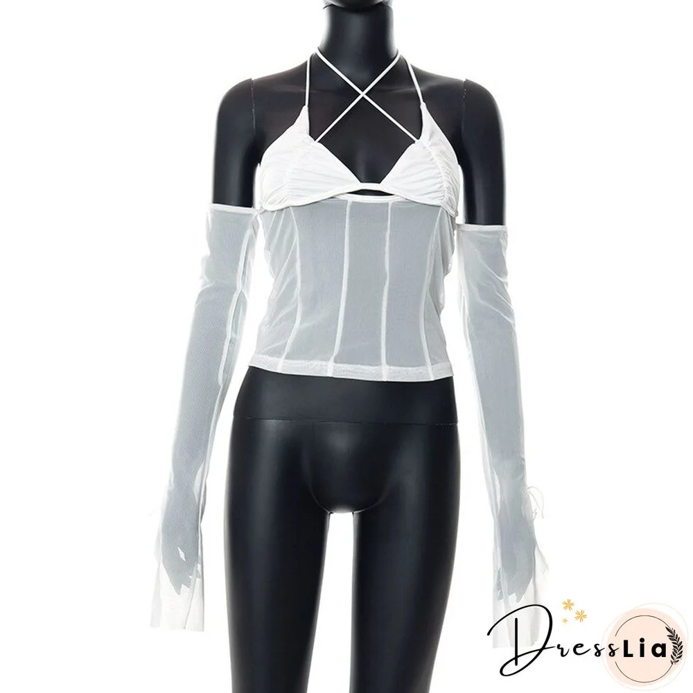 New Sexy Neck-hanging Ribbon Backless T Shirts Women Mesh Y2k Aesthetic T Shirts Splicing Women's Wear Graphic T Shirts