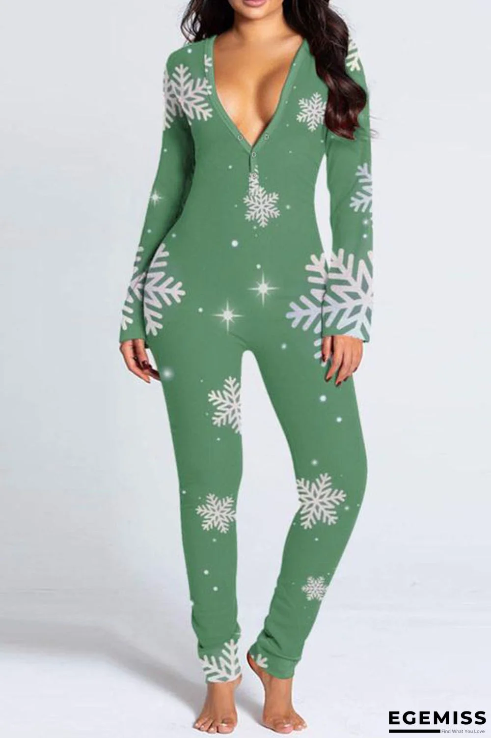 Green Casual Print Patchwork Buckle V Neck Skinny Jumpsuits | EGEMISS