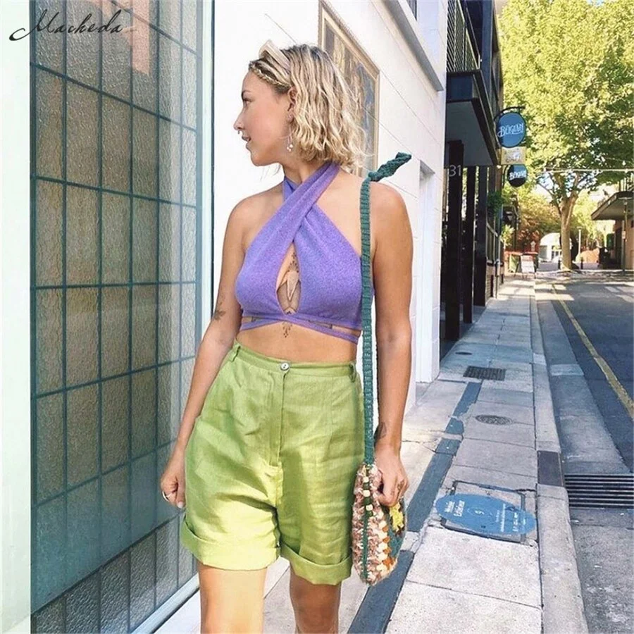 Macheda Autumn Solid Sexy Hollow Out Tank Top Women Fashion Slim Halter Sleeveless Lace Up Clothing Green Lady Casual Crop Top