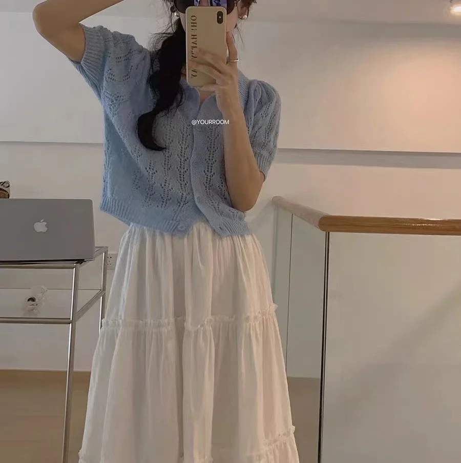 Churchf Churchf Summer New Design Sense Short Polo Collar Short Sleeve Jacket Sweet Hollow Out Bubble Sleeve Sweater Woman