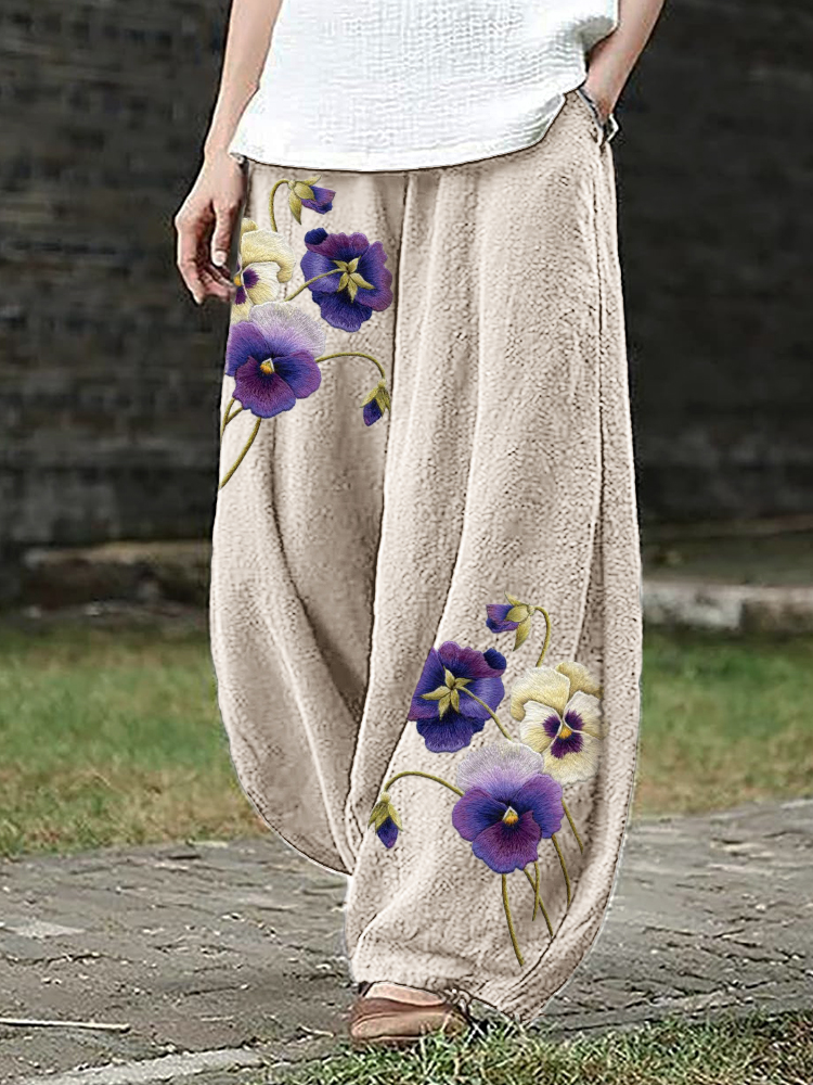 Comstylish Pansy Flowers Embroidered Linen Blend Wide Leg Pants