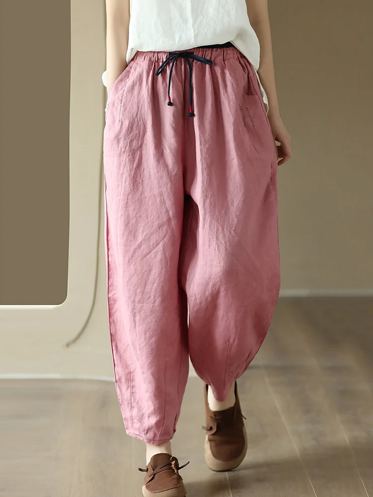 Women Casual Solid Drawstring Colorblock Waist Linen Pants