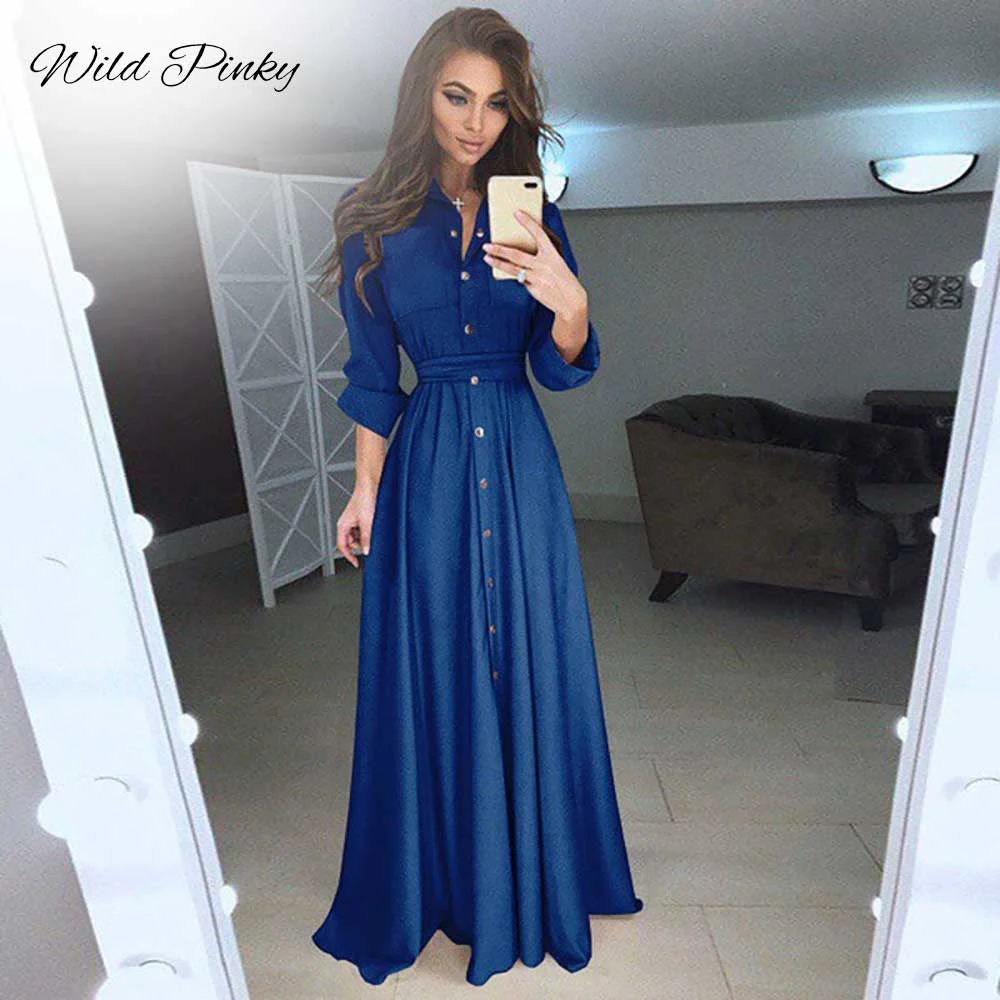 WildPinky Plus Size 5XL Dress Women Spring Summer Fashion Boho Casual Women Dress Long Sleeve Button Beach Maxi Dresses Vestidos