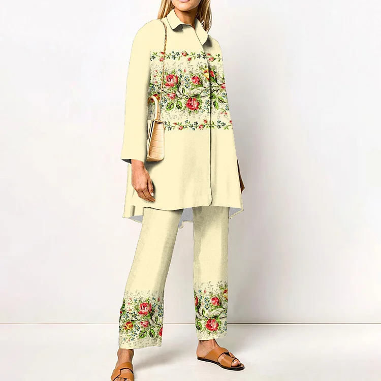VChics Flower Positioning Printing Elegant Style Long Sleeved Shirt Two Piece Set