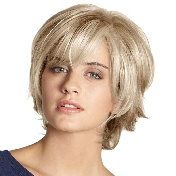 Short Ash Gold Layered Wigs with Bangs for Women
