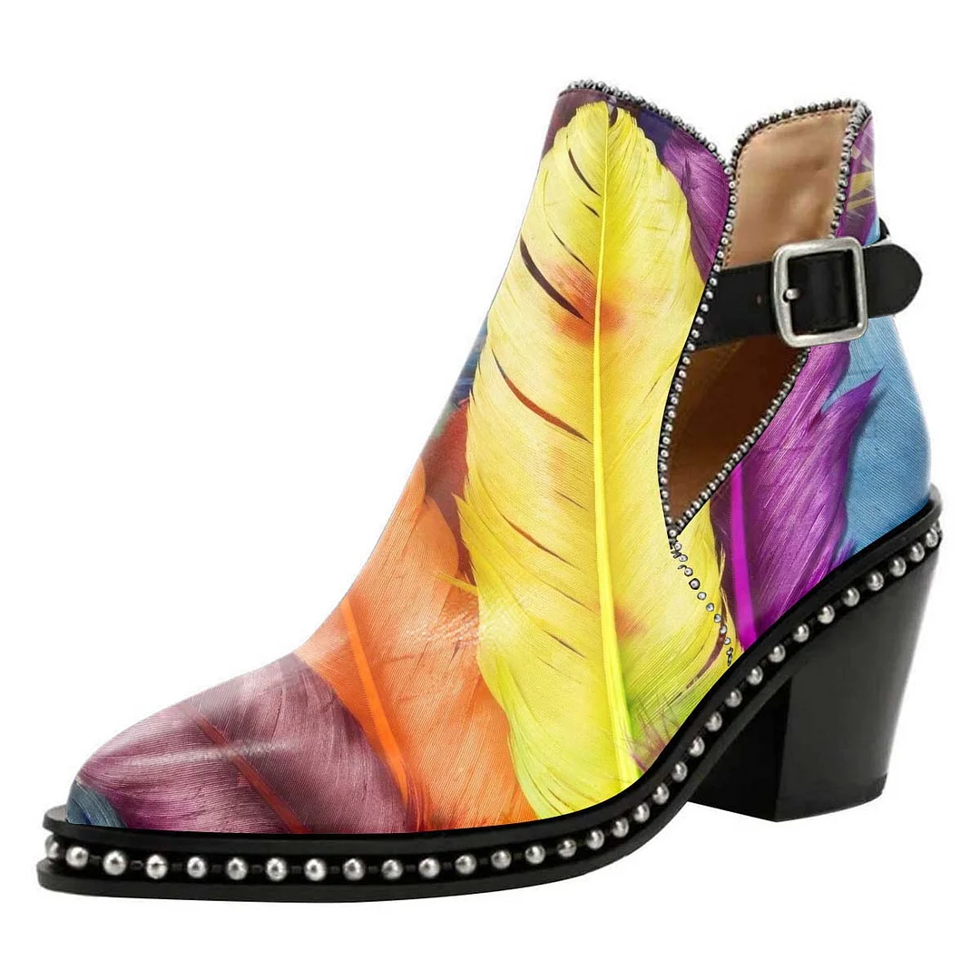 Feather Print Studded Chunky Heel Buckle Strap Short Boots for Women