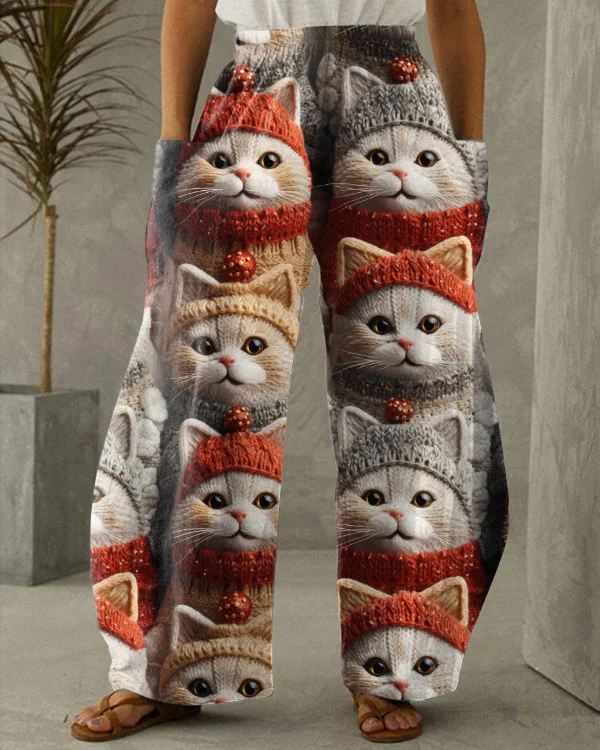 Winter Cute Cat Print Casual Loose Wide Leg Pants