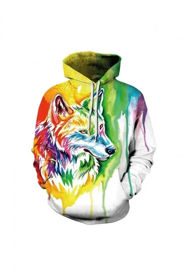 Womens Halloween Wolf Printed Draw String Hoodie Multicolor-elleschic