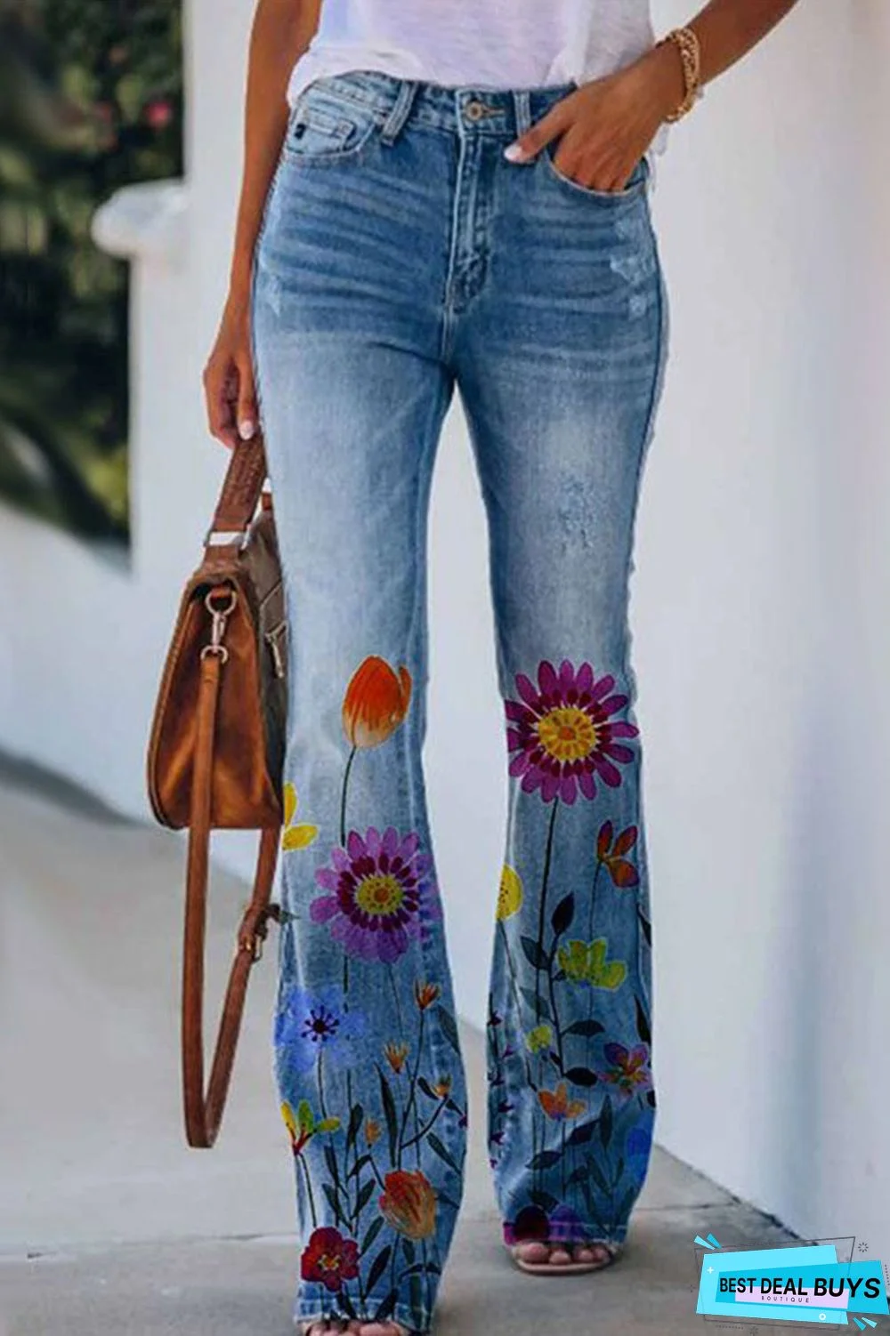 Casual Floral Pocket Regular Denim Jeans