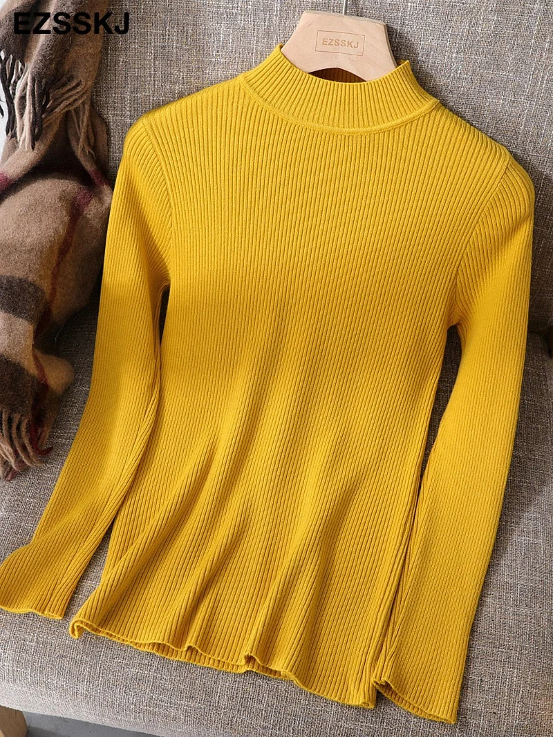 2021 Knitted Women high neck Sweater Pullovers Turtleneck Autumn Winter Basic Women Sweaters Slim Fit Black