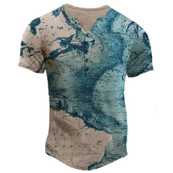 Men's Map Vintage Print Henry T-Shirt-Compassnice®
