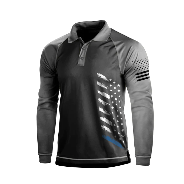 USA FLAG GRAPHIC 1/4 BUTTON RAGLAN LONG SLEEVE POLO SHIRT
