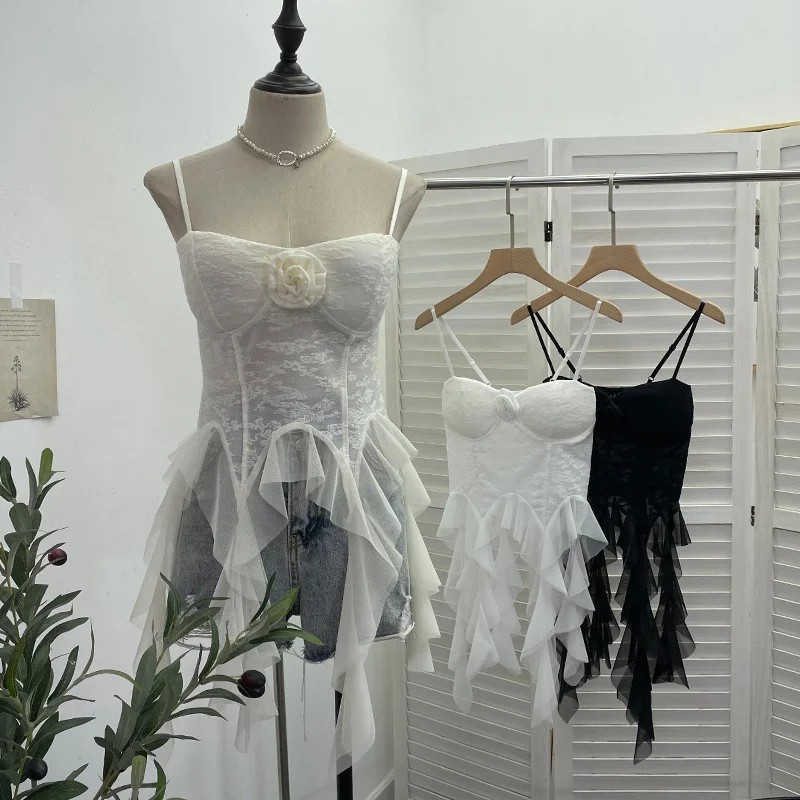 Uveng Sleeveless Vest Women With Chest Pads With Tectoral Lace Slings Irregular Ribbon Short Coat 1106