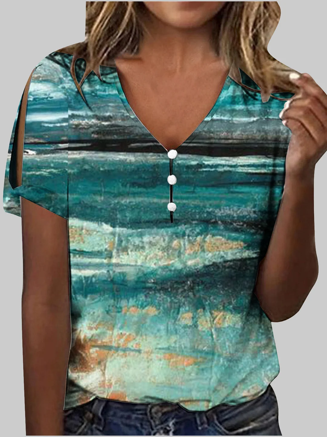 Women's Graphic Printed V-neck Short Sleeve Top