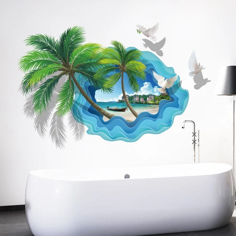 Coconut Palm Tree Wall Stickers for Bathroom Bedroom 3D View Home Decor Fashion Beach Scenery Art Wallpapers Waterproof