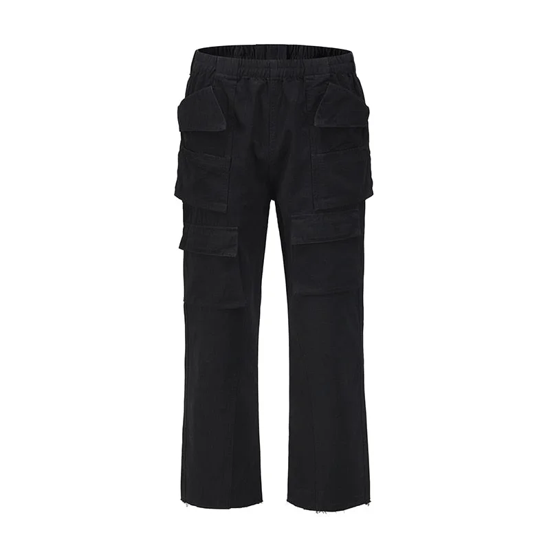 Harajuku Multi-pockets Straight Flare Pants Mens High Street Elastic Waist Solid Loose Casual Cargo Pants Hip Hop Baggy Trousers