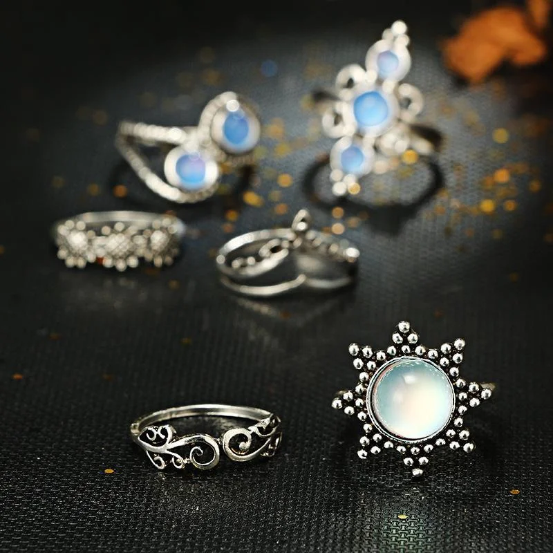 Women plus size clothing 6 Pieces Flowers Geometric Opal Ring Sets Wholesale Cheap Jewelry-Nordswear