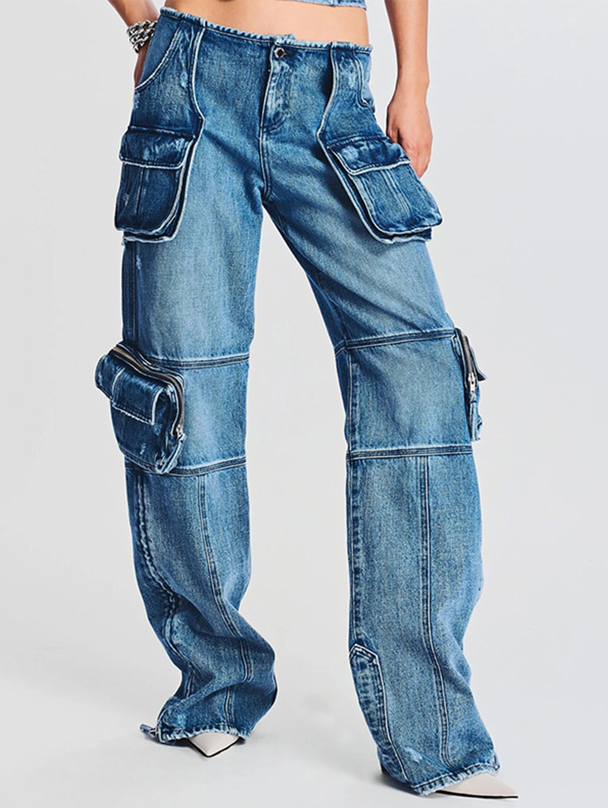 Street Pocket Patchwork Straight Leg Denim Cargo Jeans