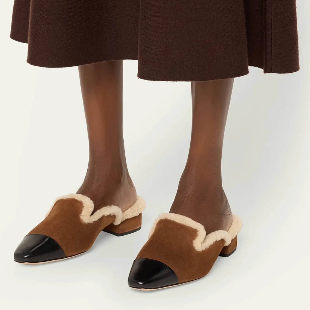 YDN Brown Vegan Suede Square Toe Fur Lining Chunky Heeled Mules