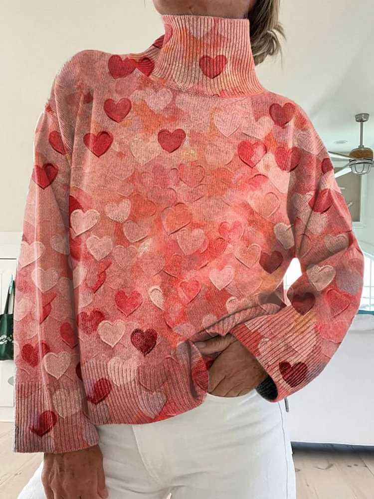 Valentine's Day Vintage Love Art Print Knit Turtleneck Pullover Sweater