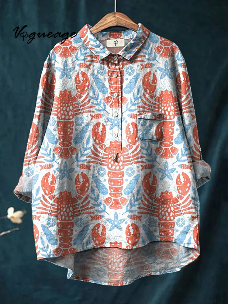 Cute Colorful Casual Crayfish Flowers Print Cotton And Linen Shirt
