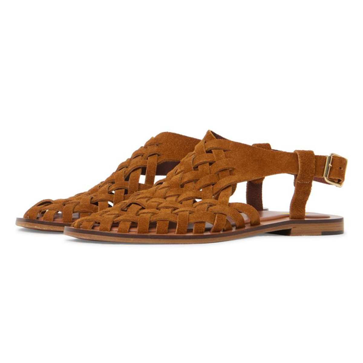 Faux Suede Square Toe Dark Brown Flat Women Sandals with Woven Nicepairs