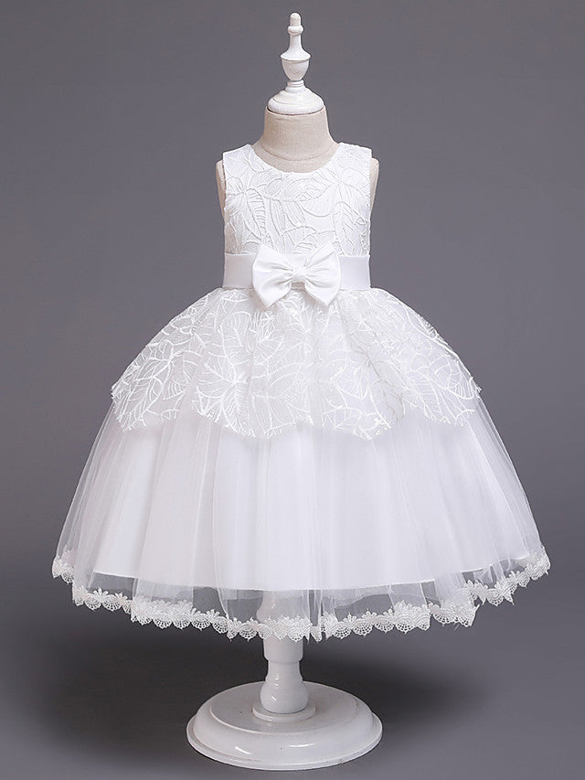 Oknass Princess Sleeveless Jewel Neck Flower Girl Dresses Satin Tulle  With Bow Embroidery  Paillette